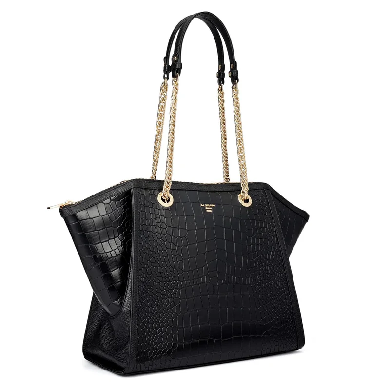 Da Milano Medium Croco Leather Tote - Black